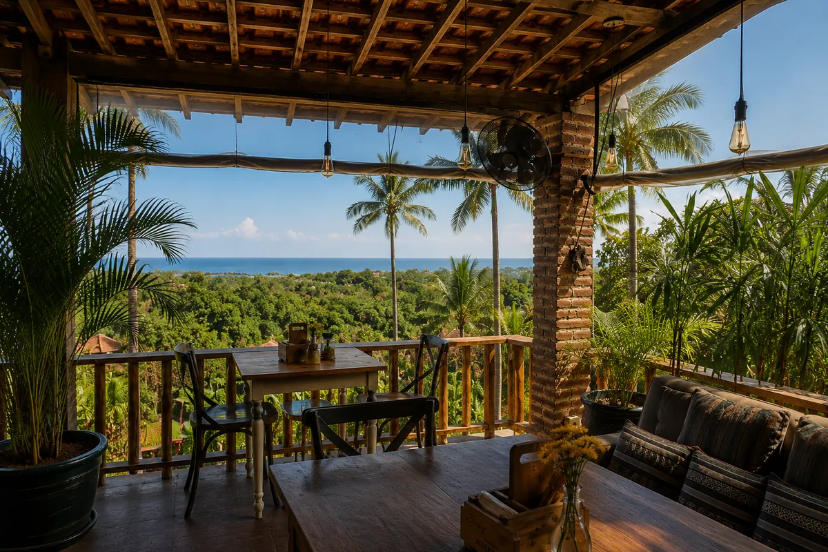 A table on the terrace, palms and a line of ocean past the rail, Shaffa GastroBazar, Balangan, Bukit