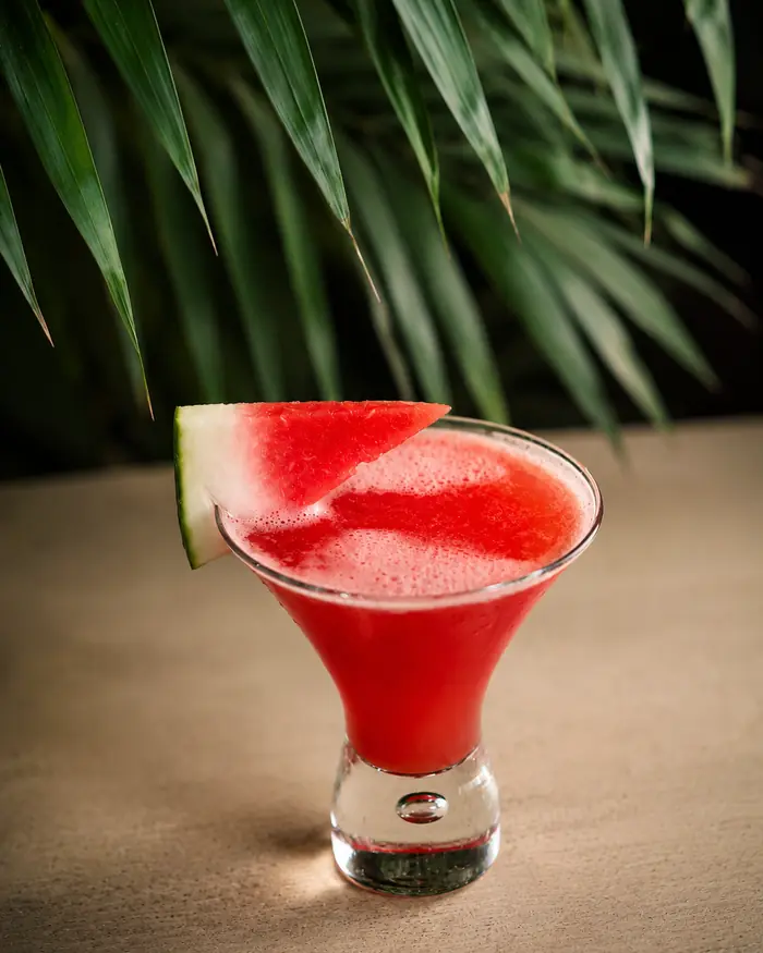 A watermelon cocktail under a palm leaf, Shaffa GastroBazar, Balangan, Bukit