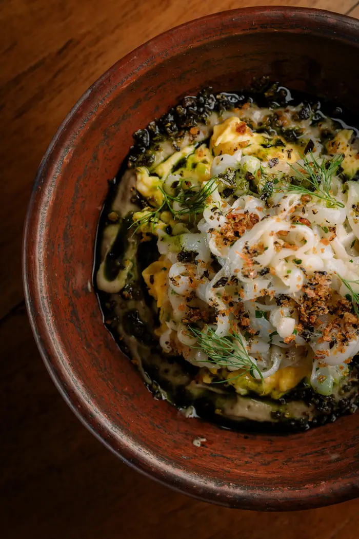Calamari with herbs in a clay bowl, Shaffa GastroBazar, Balangan, Bukit