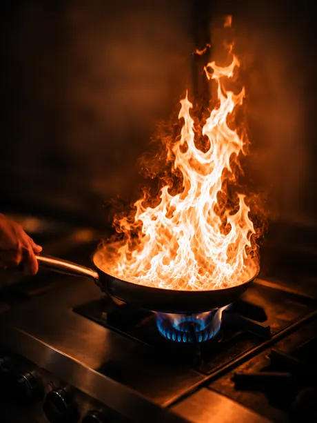 Flames over a pan on the stove, Shaffa GastroBazar, Balangan, Bukit