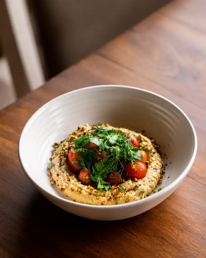 Hummus with marinated tomato and herbs, Shaffa GastroBazar, Balangan, Bukit