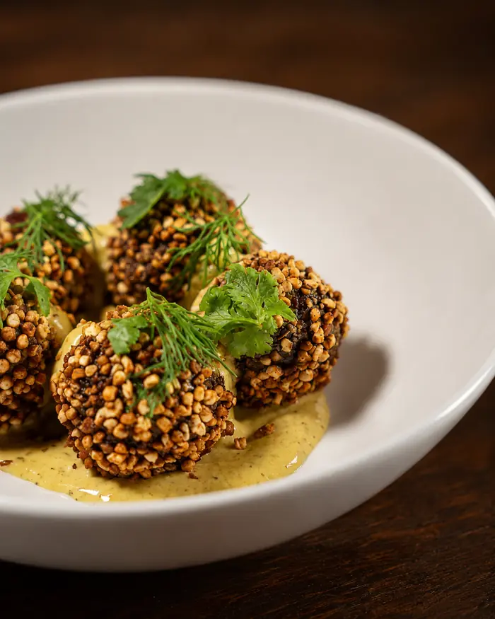 Masala falafel in crispy buckwheat with curry sauce, Shaffa GastroBazar, Balangan, Bukit