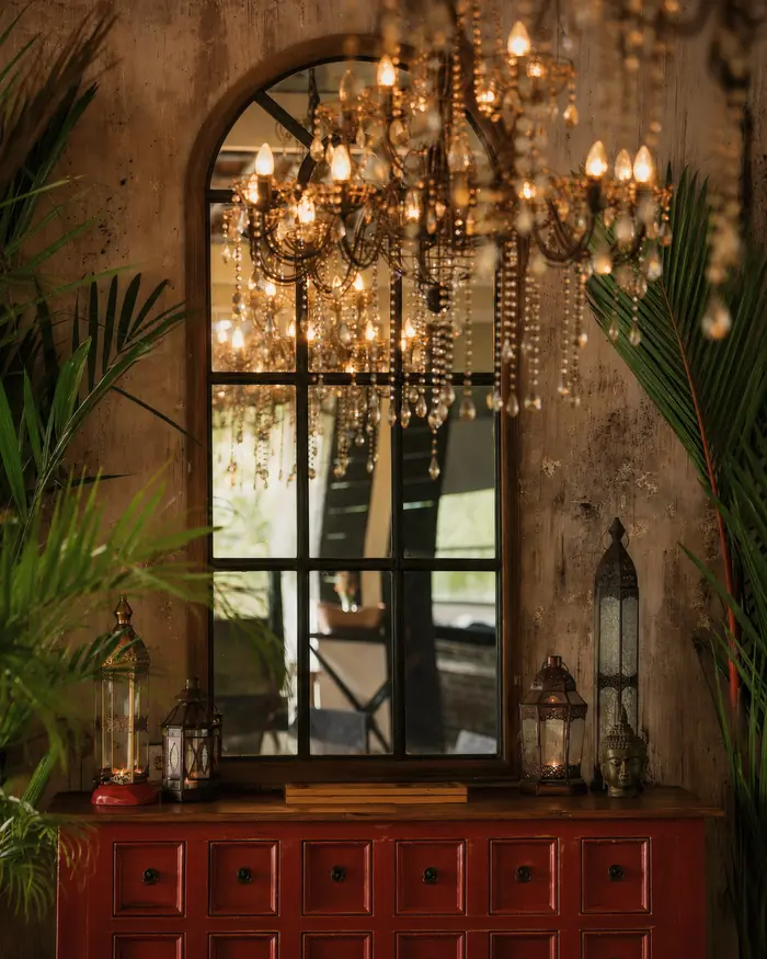 The red dresser under the chandelier in the evening room, Shaffa GastroBazar, Balangan, Bukit