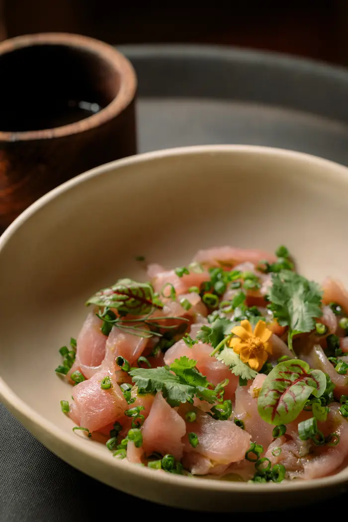 Tuna ceviche with herbs and flowers, Shaffa GastroBazar, Balangan, Bukit