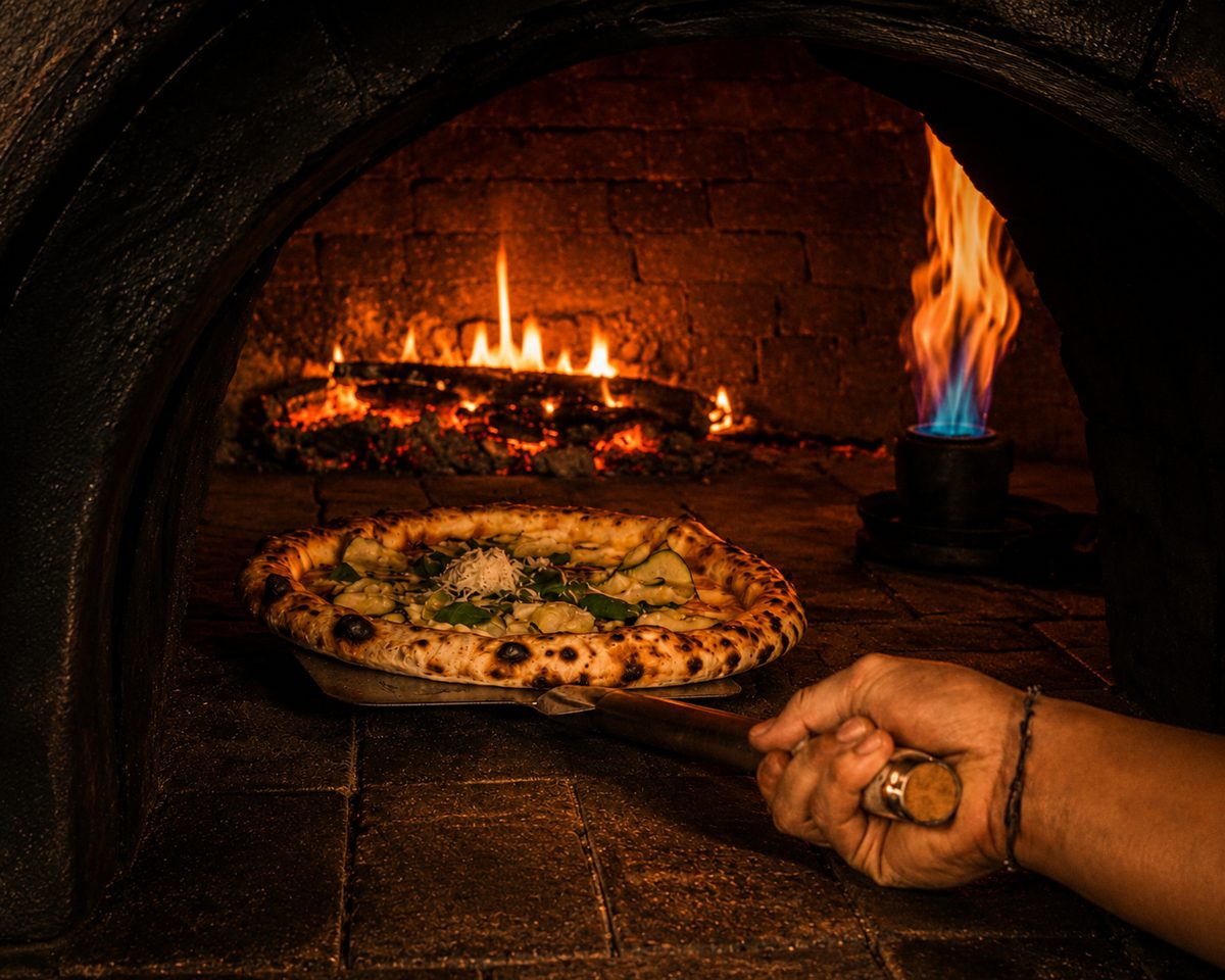 Pizza going into the wood-fired oven at Shaffa GastroBazar