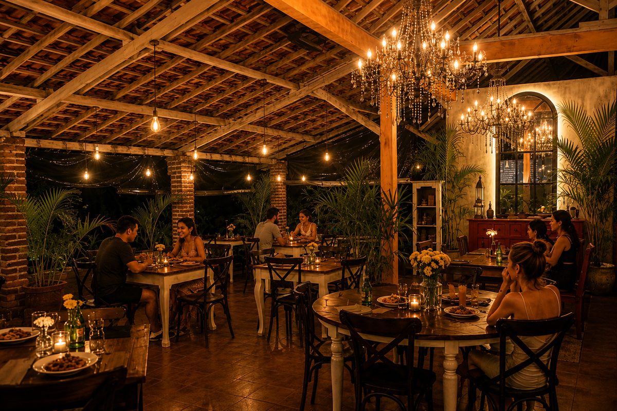 The dining room at night at Shaffa GastroBazar, Balangan
